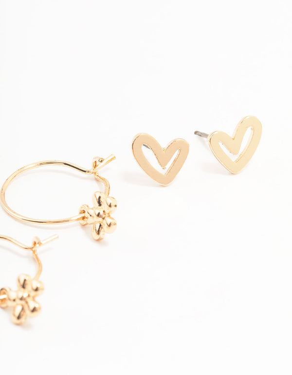 Gold Pearl Heart Flower Earrings 3-Pack