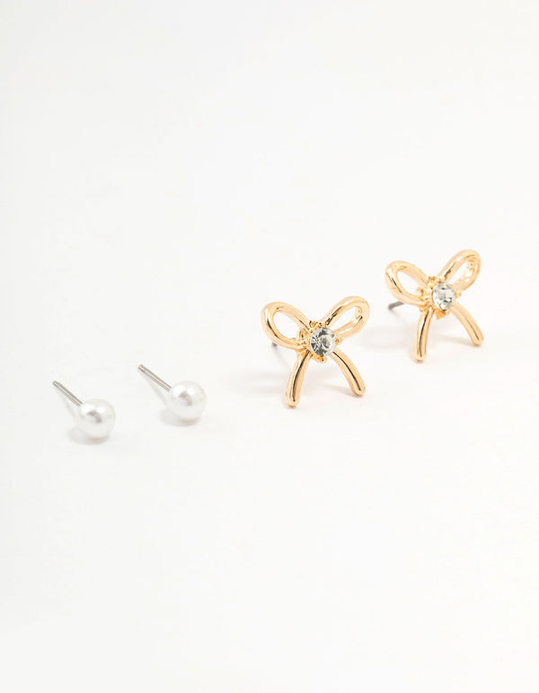Gold Pearl Heart Bow Earrings 3-Pack