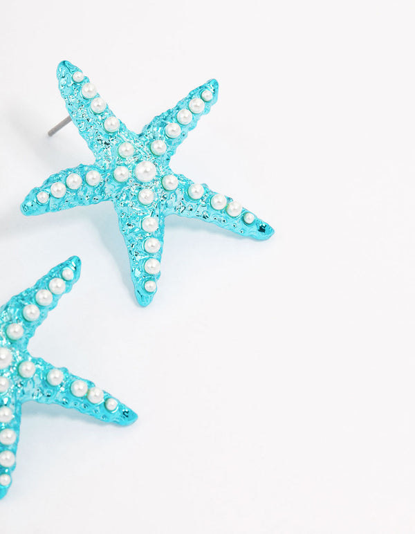Blue Pearly Starfish Stud Earrings