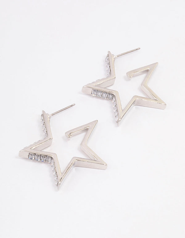 Silver Baguette Diamante Star Hoop Earrings