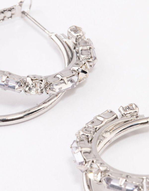 Silver Diamante Double Row Hoop Earrings