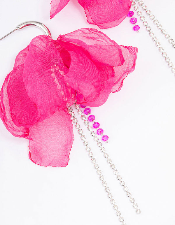 Silver & Pink Flower Cup Chain Drop Earrings