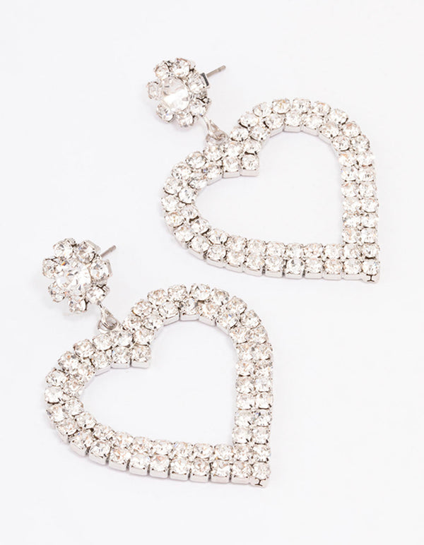 Silver  Diamante Heart Drop Earrings