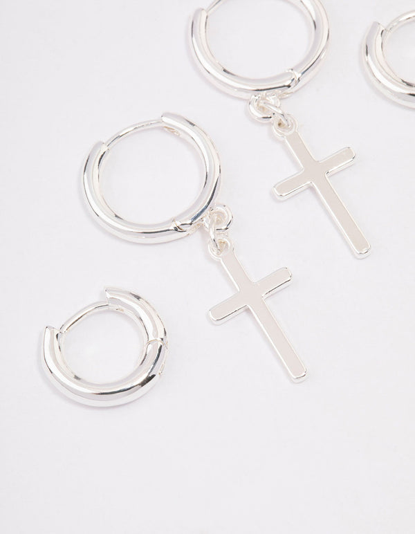 Silver Plated Cross Huggie Earring Pack