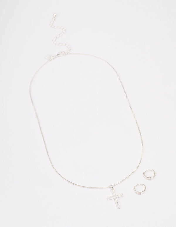 Silver Plated Diamante Cross Necklace & Huggie Earrings Jewellery Set