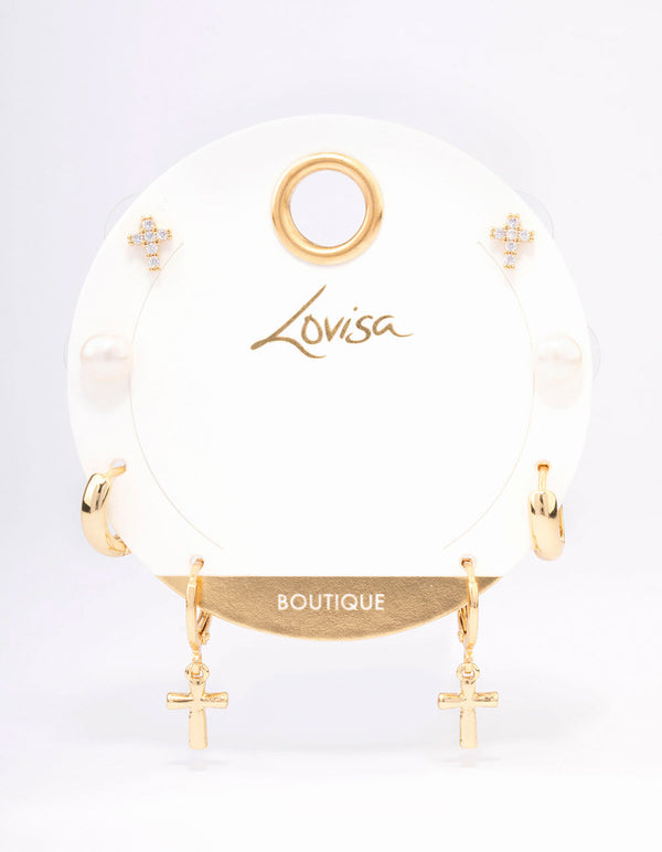 Gold Plated Cubic Zirconia & Freshwater Pearl Cross Earrings 4-Pack