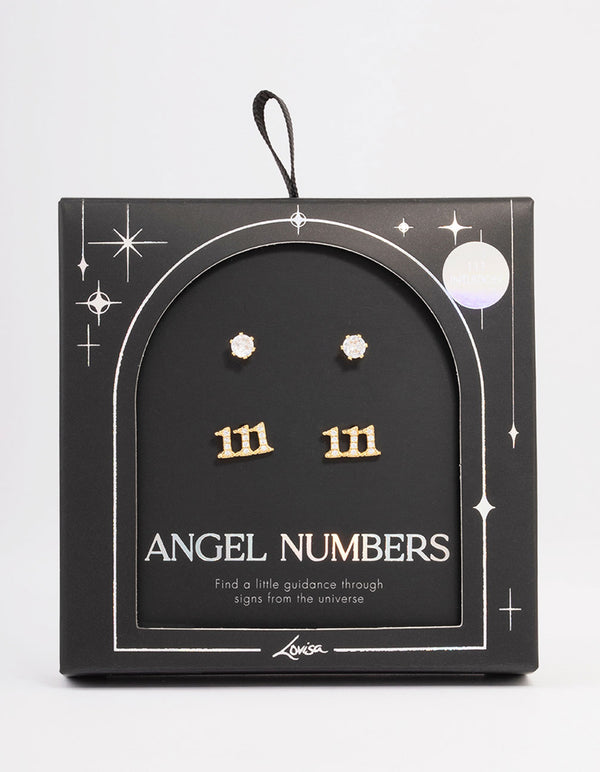 Gold Plated Cubic Zirconia Angel Number 111 Stud Earring Pack