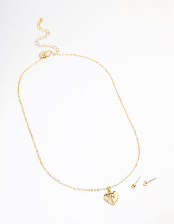 Gold Plated Heart Locket Necklace & Earrings Set