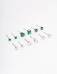 Silver Cubic Zirconia Round & Square Stud Earrings 12-Pack - link has visual effect only