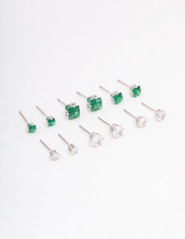 Silver Cubic Zirconia Round & Square Stud Earrings 12-Pack