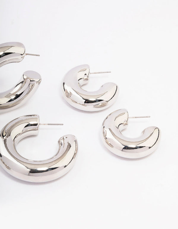 Silver Thick Smooth Hoop Earrings 3-Pack