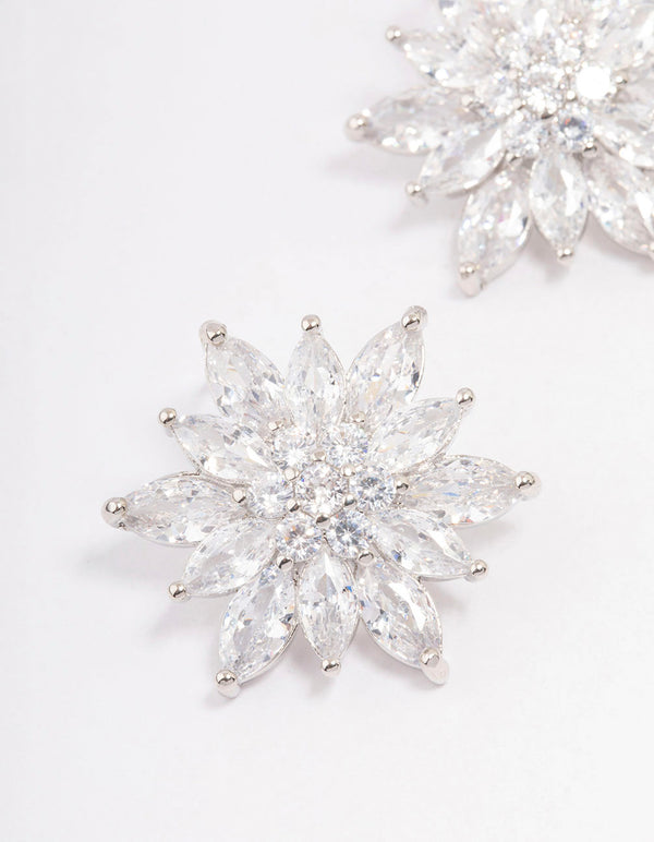Silver Cubic Zirconia Flower Stud Earrings