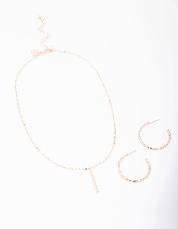 Gold Slim Stick Necklace & Earrings Jewellery Set