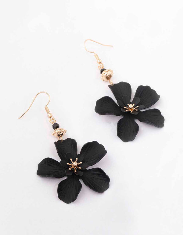 Black Bead Drop Matte Flower Drop Earrings