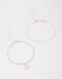 Silver Beaded Diamante Flower Charm Bracelet Pack - link has visual effect only