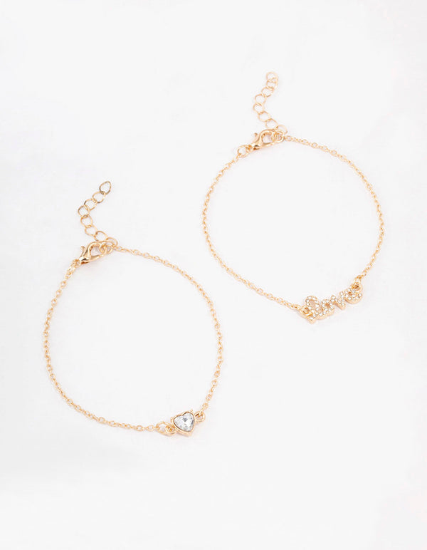 Gold Diamante Heart Love Bracelet Pack