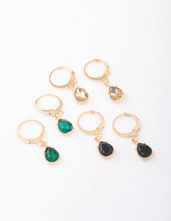 Gold Drop Pear Diamante Huggie Earring 3-Pack