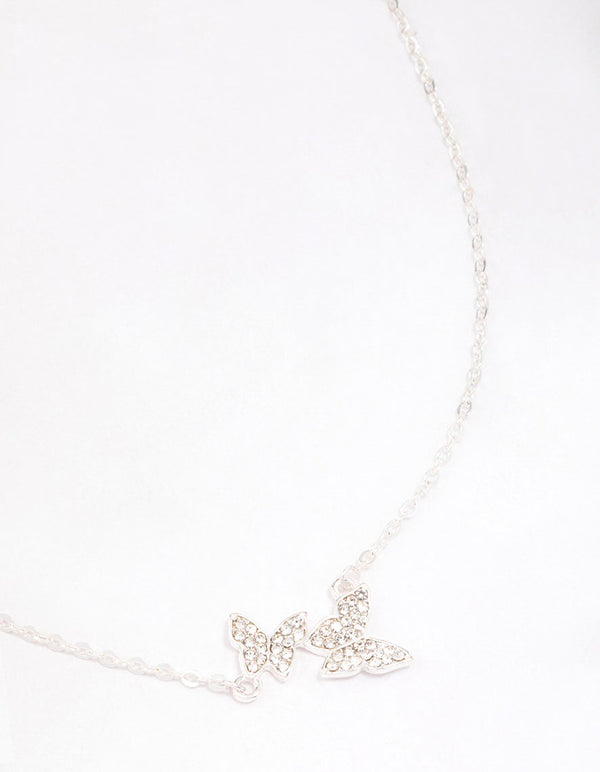 Silver Double Pave Butterfly Short Necklace