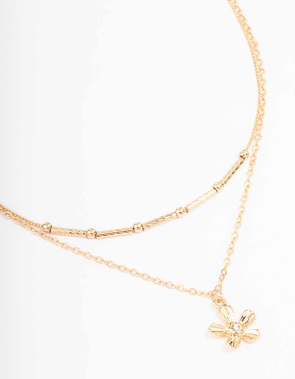 Gold Double Chain Flower Short Necklace