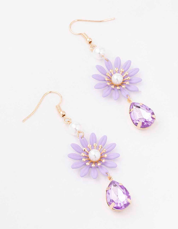 Purple Flower Pearl Drop Earrings