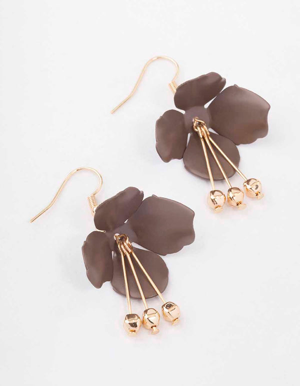 Brown Flower Stick & Ball Drop Earrings