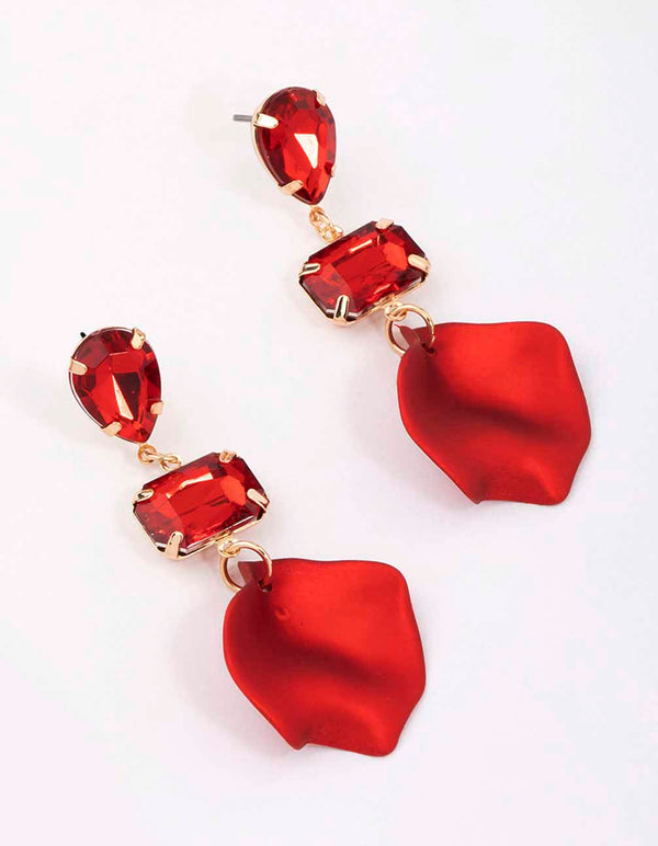 Red Pear & Rectangle Diamante Petal Drop Earrings