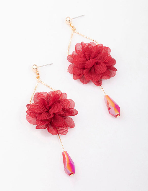 Red Fabric & Beaded Flower Drop Earrings