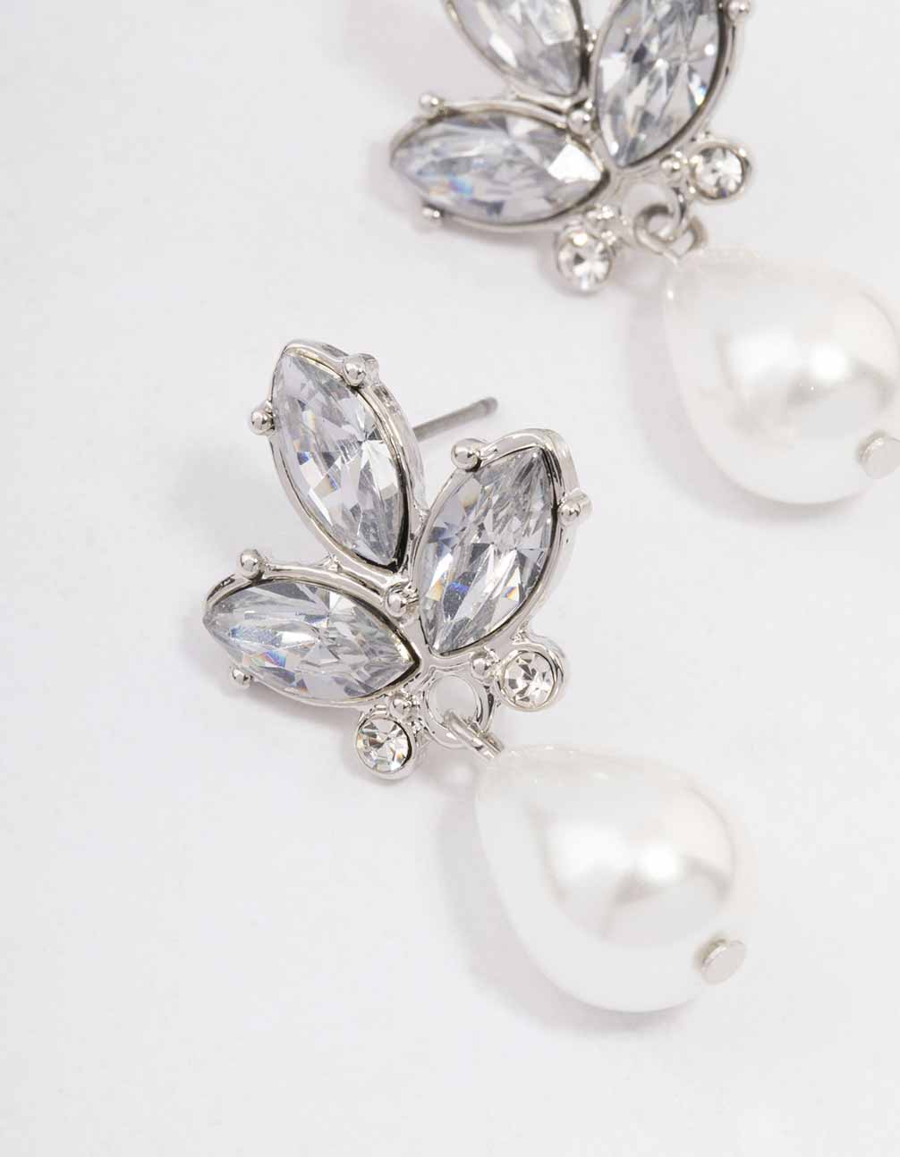 Silver Diamante Teardrop Pearl Drop Earrings