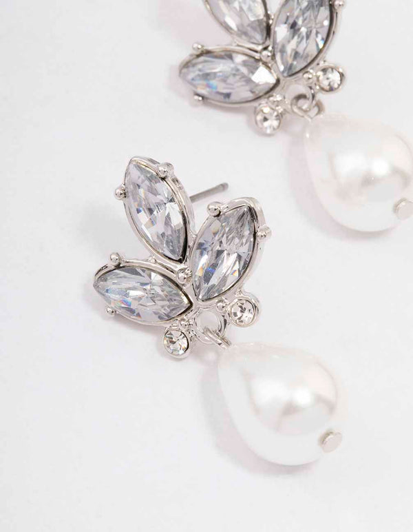 Silver Diamante Teardrop Pearl Drop Earrings