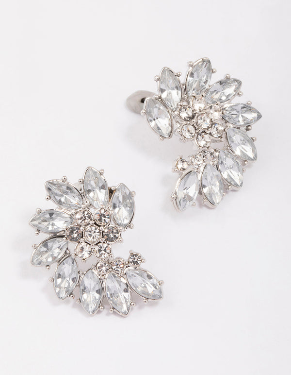 Silver Fan Marquise Diamante Stud Earrings