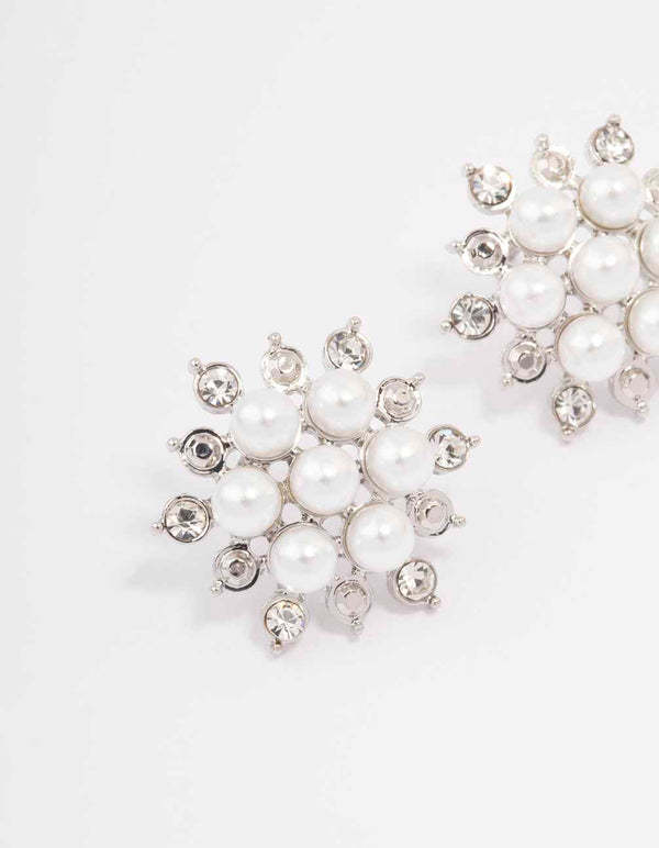 Silver Diamante & Pearl Flower Stud Earrings