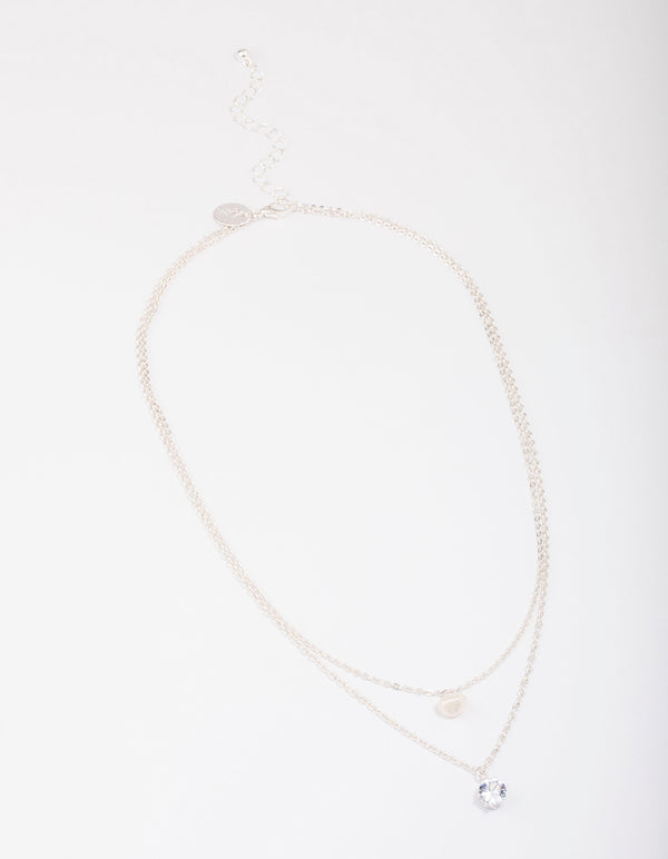 Silver Double Chain Pearl & Diamante Necklace