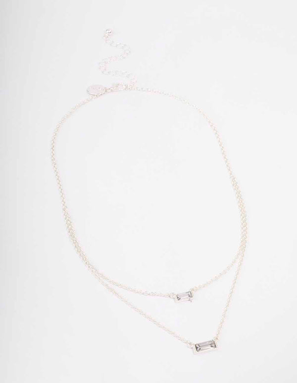 Silver Double Chain Baguette Necklace