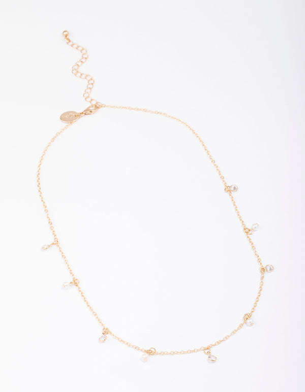 Gold Diamante & Pearl Drop Station Necklace