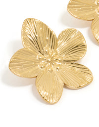 Waterproof Gold Plated Stainless Steel Textured Flower Stud Earrings - link has visual effect only