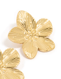 Waterproof Gold Plated Stainless Steel Textured Flower Stud Earrings - link has visual effect only