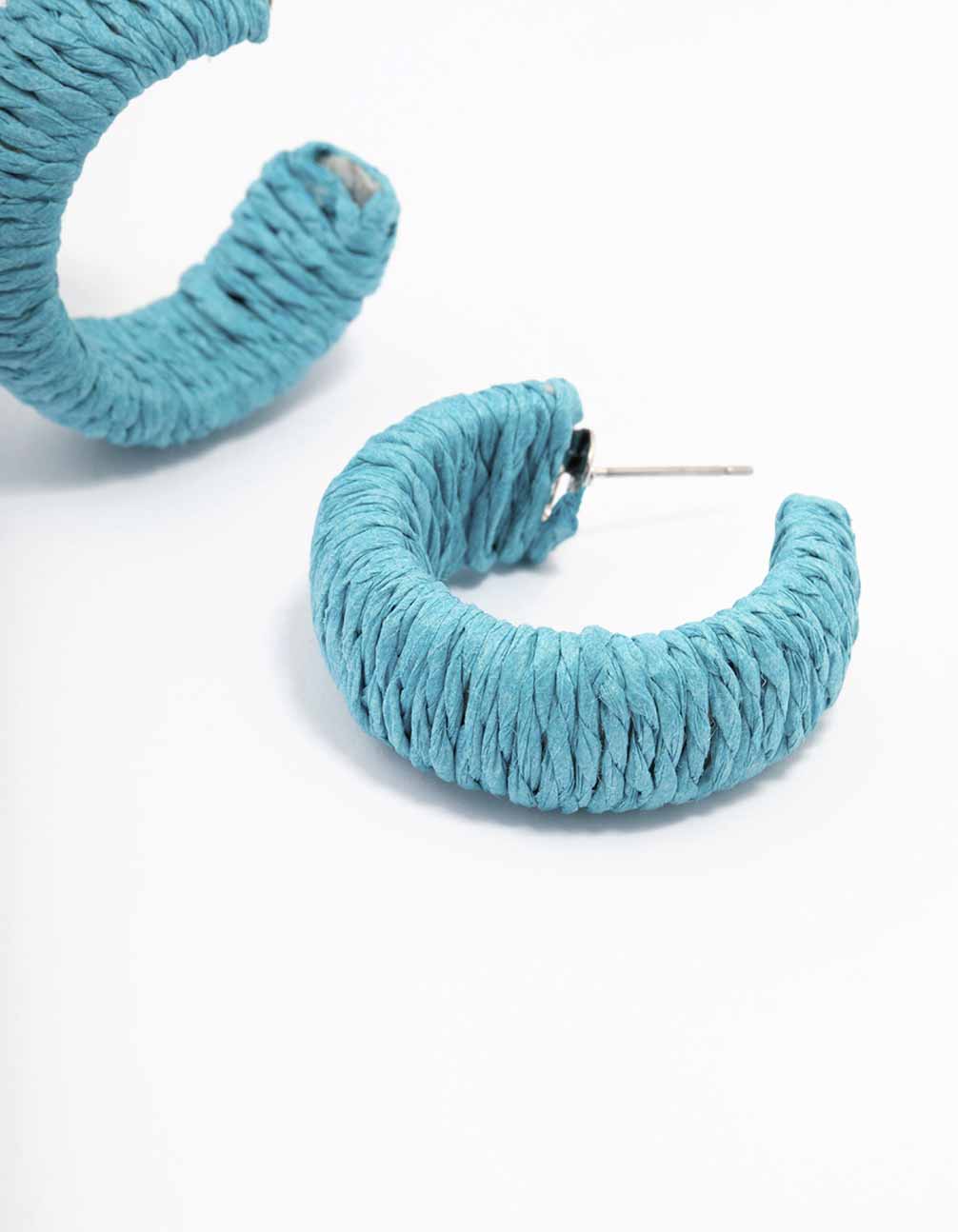Blue Thread Through Wrapped Hoop Earrings