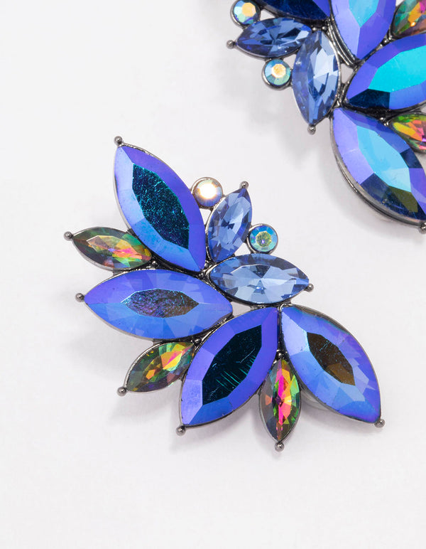 Silver Gunmetal Blue Diamante Marquise Statement Stud Earrings