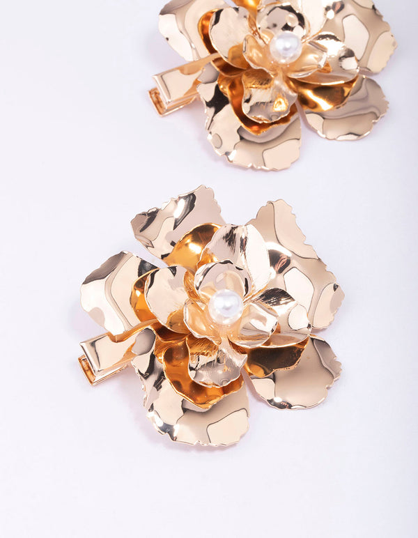 Gold Large Flower Pearl Hair Clip Pack