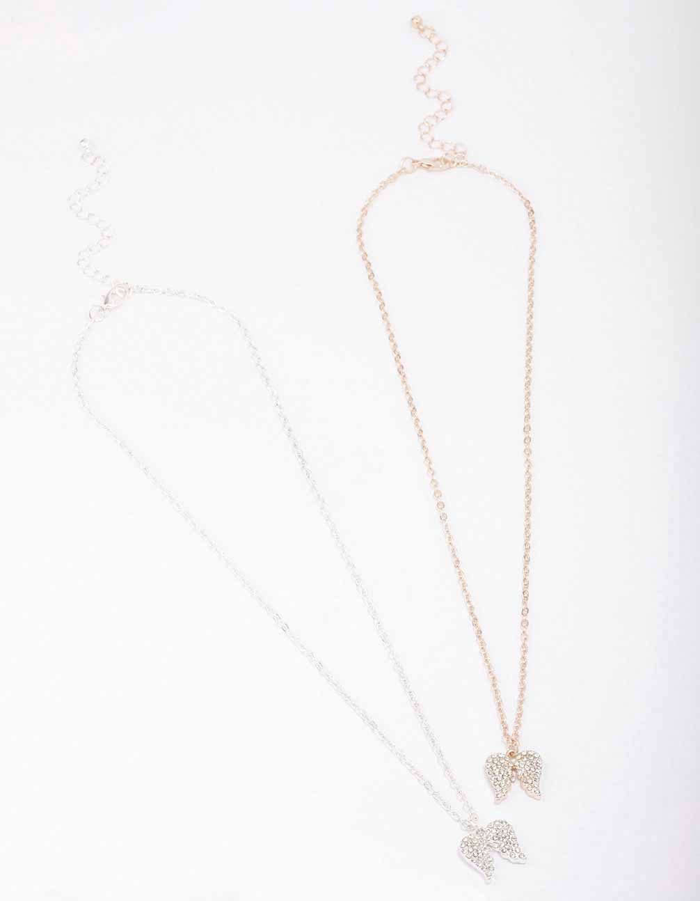 Mixed Metal Diamante Angel Wing Necklace Pack