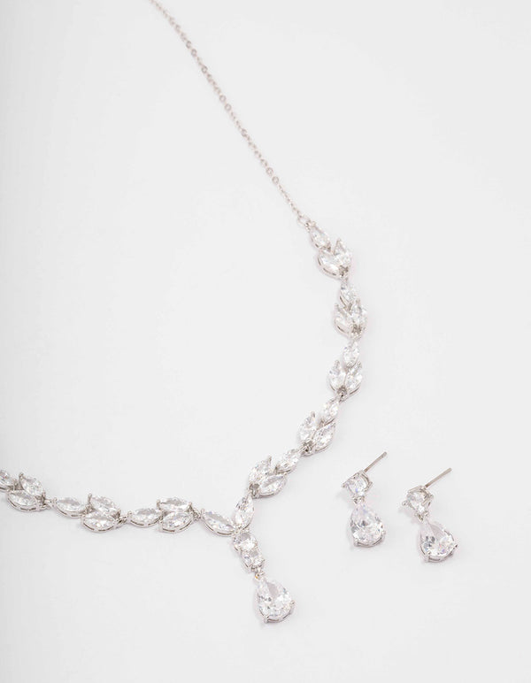 Rhodium Marquise Pear Necklace & Drop Earring Set