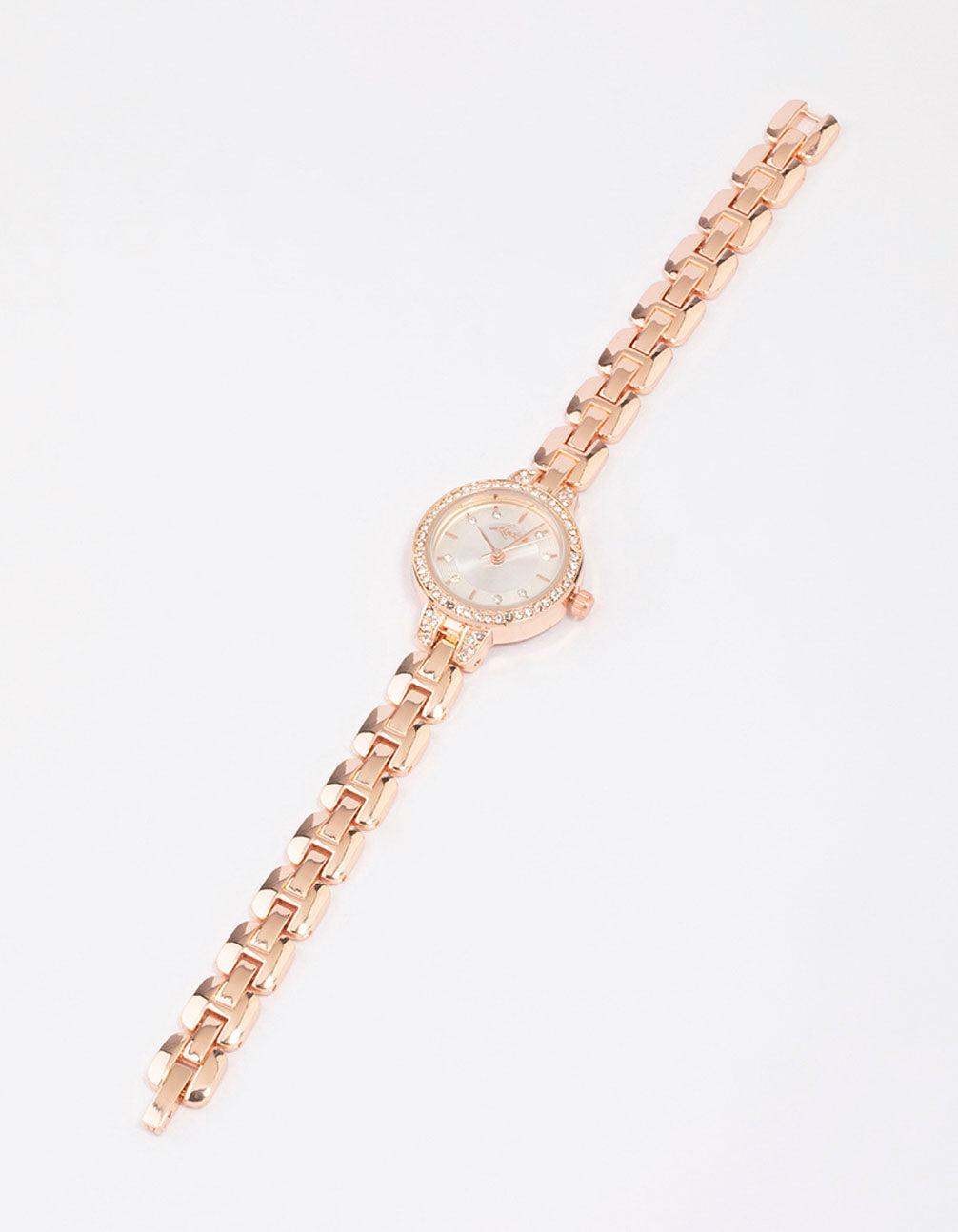 Elegant rose gold diamante small round strap watch featuring white dial, stone look, designed for women, casual occasion, link band, analog type front view