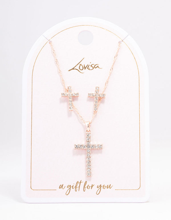 Rose Gold Diamante Cross Jewellery Set