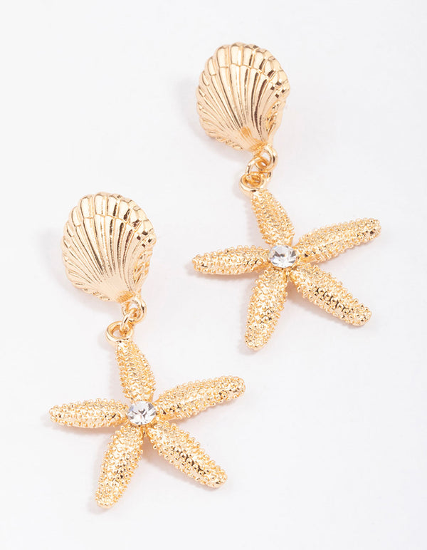 Gold Textured Shell & Starfish Drop Earrings