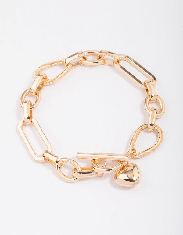 Gold Multi Link Heart T&O Chain Bracelet