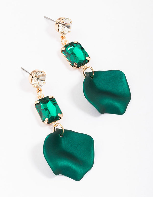 Gold Emerald Rectangular Diamante Petal Drop Earrings