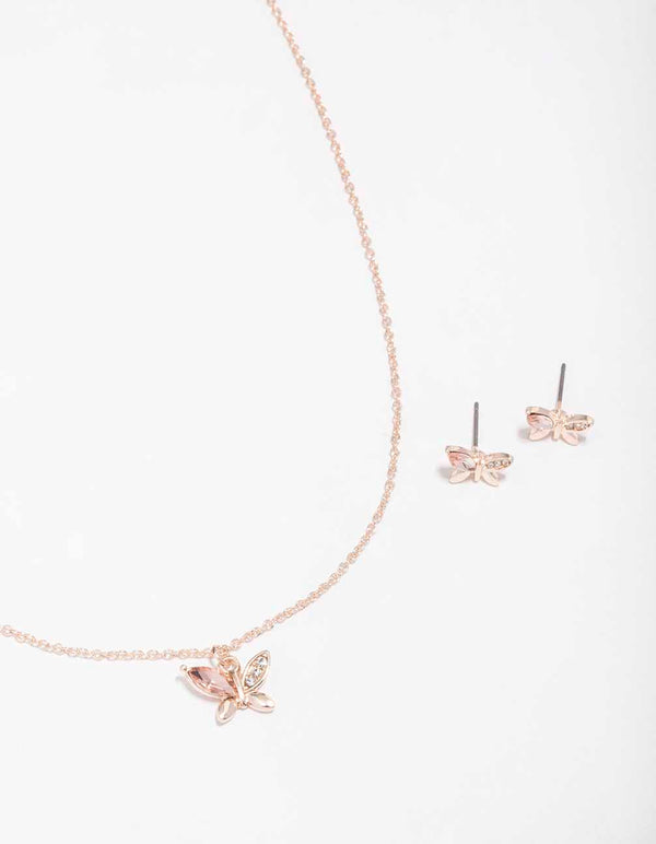 Rose Gold Diamante Butterfly Necklace & Stud Earring Set