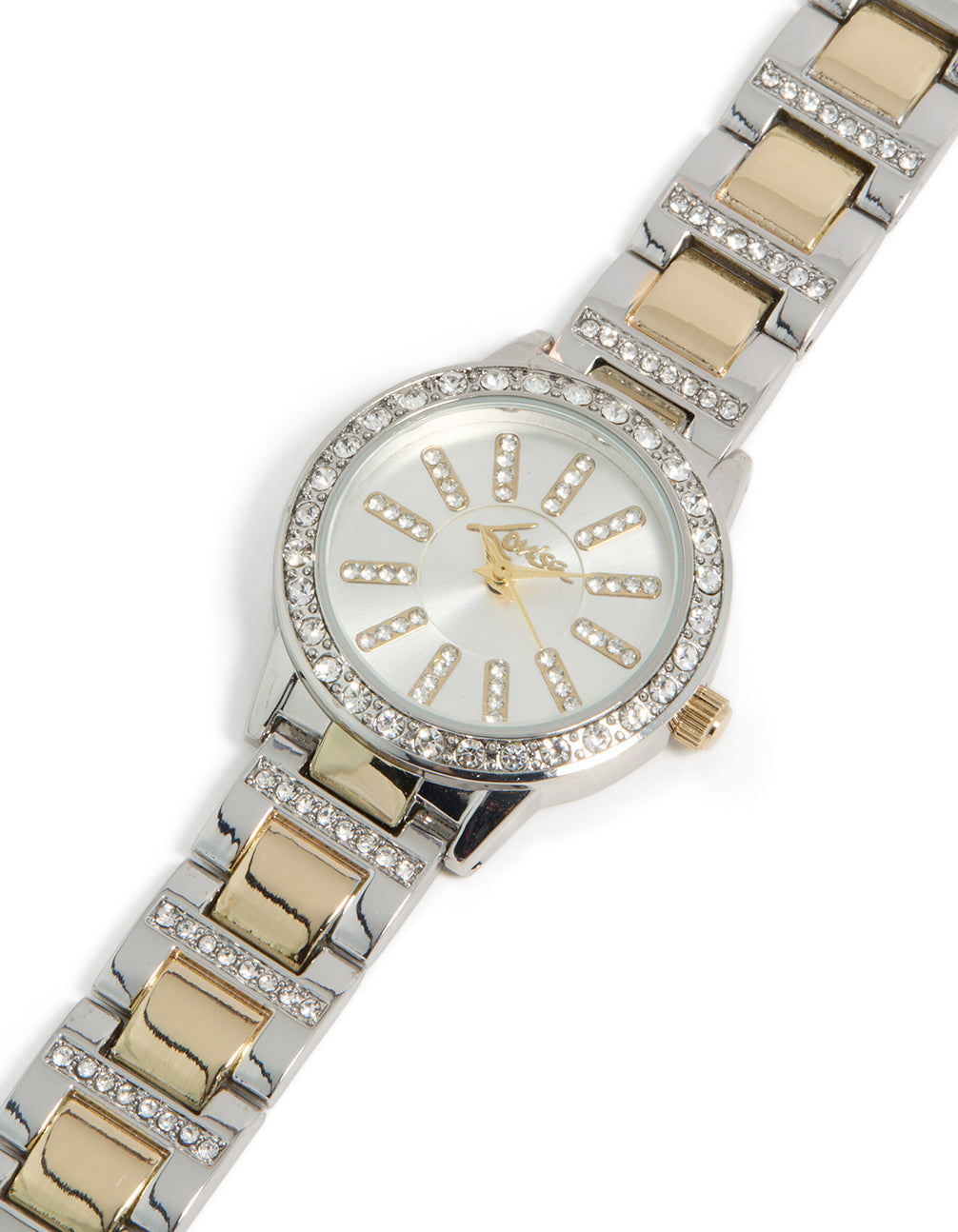 Elegant women's watch featuring with clear stone dial, round shape, formal styling, and multi-color link band strap in gold analog front view