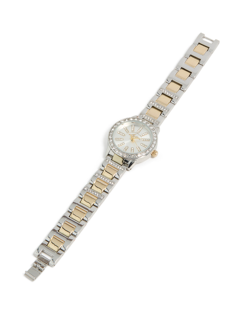 Crafted women's watch features clear stone dial, round shape, formal styling, multi-color link band strap, and gold analog movement watch face detail view