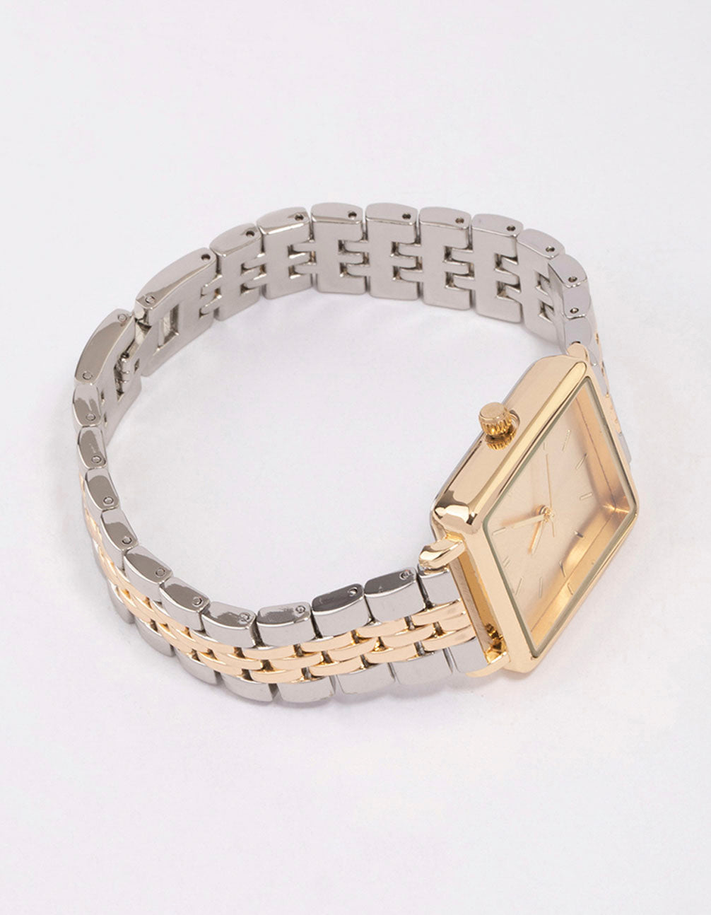 Showcasing a gold and silver two-toned square watch with gold dial, formal occasion design, women's link band, multi-color strap, and analog type watch face detail view